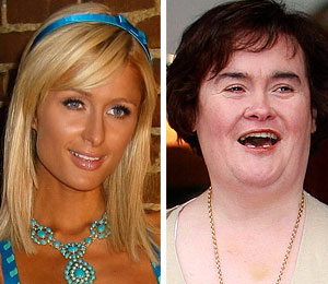 Getty Images/INF/Extra Composite paris hilton gives susan boyle talent tips